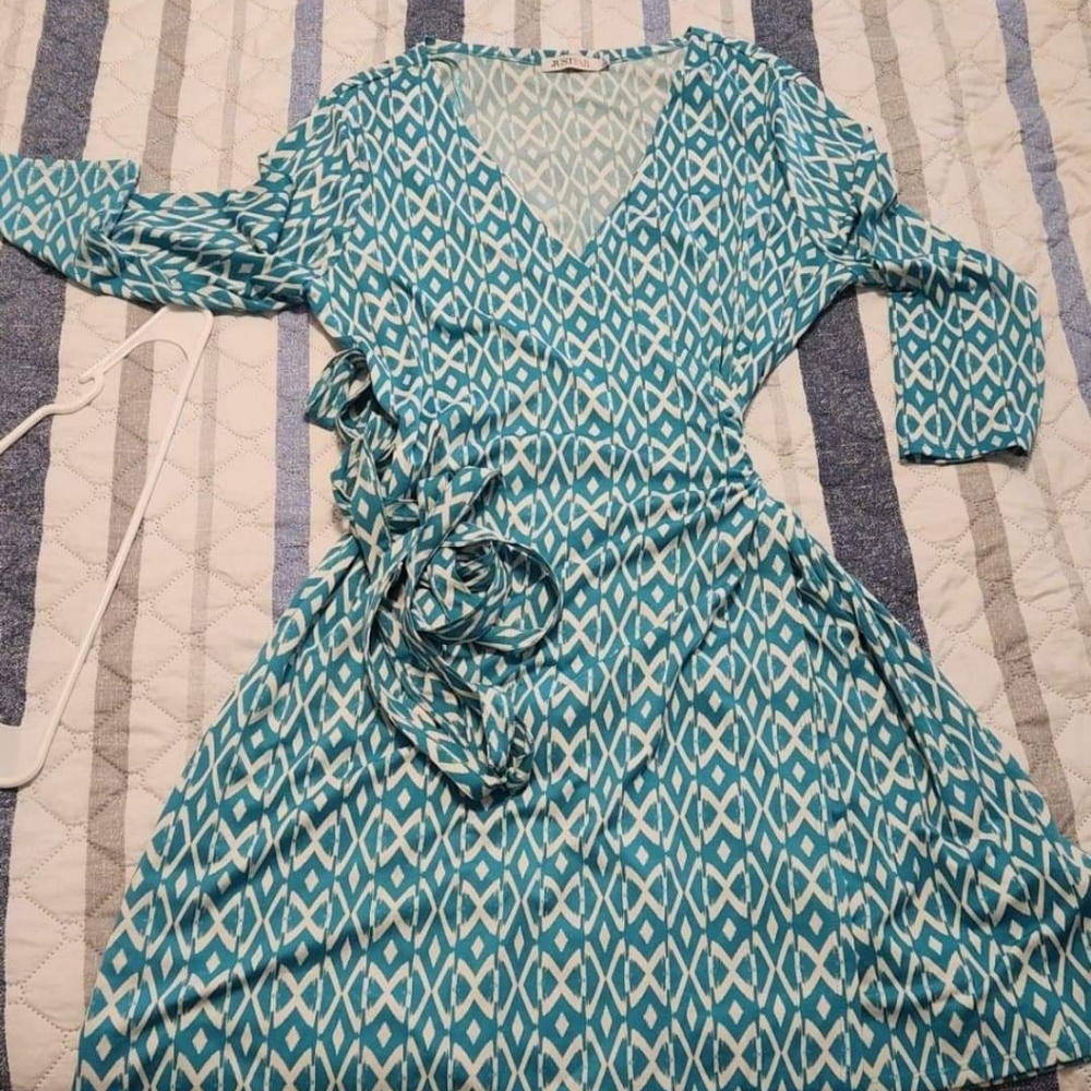 Teal and white wrap dress